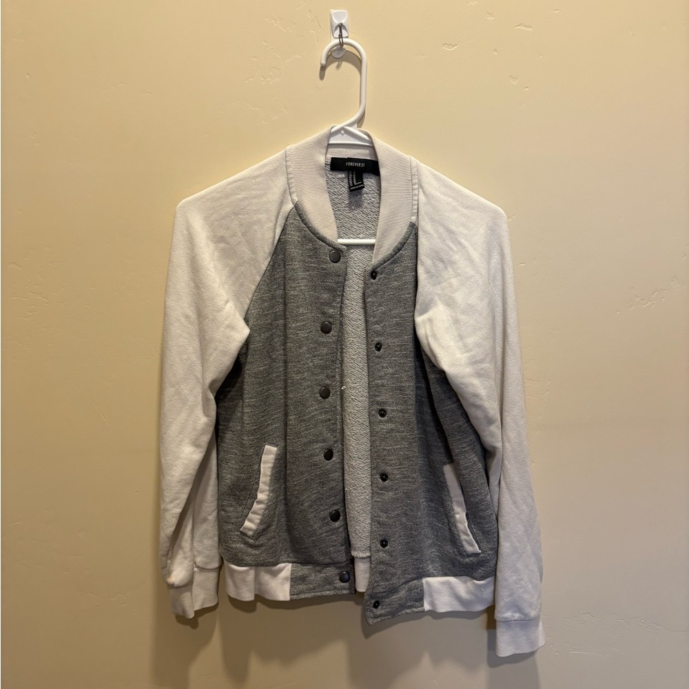 Grey and white varsity jacket